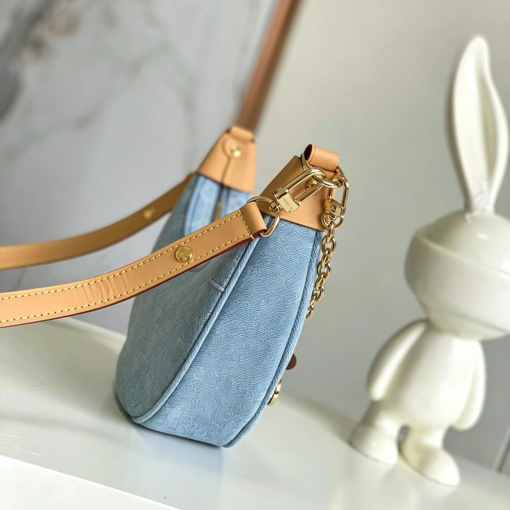 Luxury Bags Blue - Tas Hobo Crescent Denim Jacquard Biru