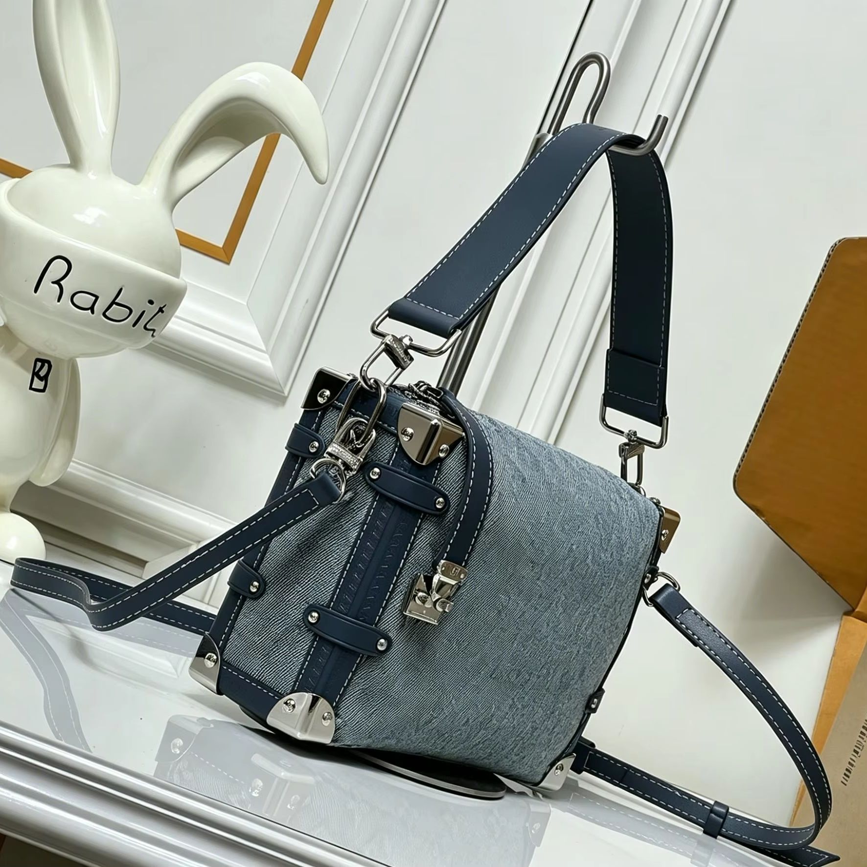 Luxury Bags Blue - Tas Mini Trunk Denim Jacquard Biru,